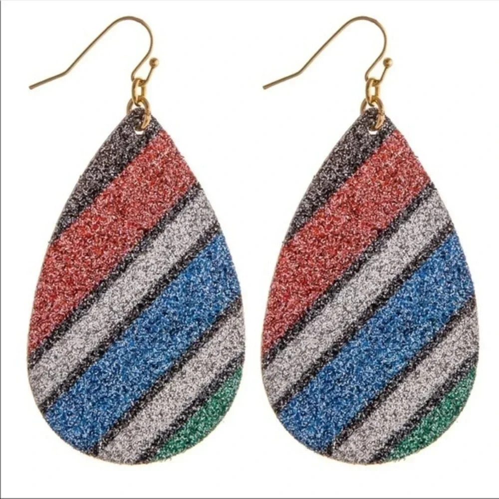 Boutique NWT Faux leather earrings multicolor glitter stripes